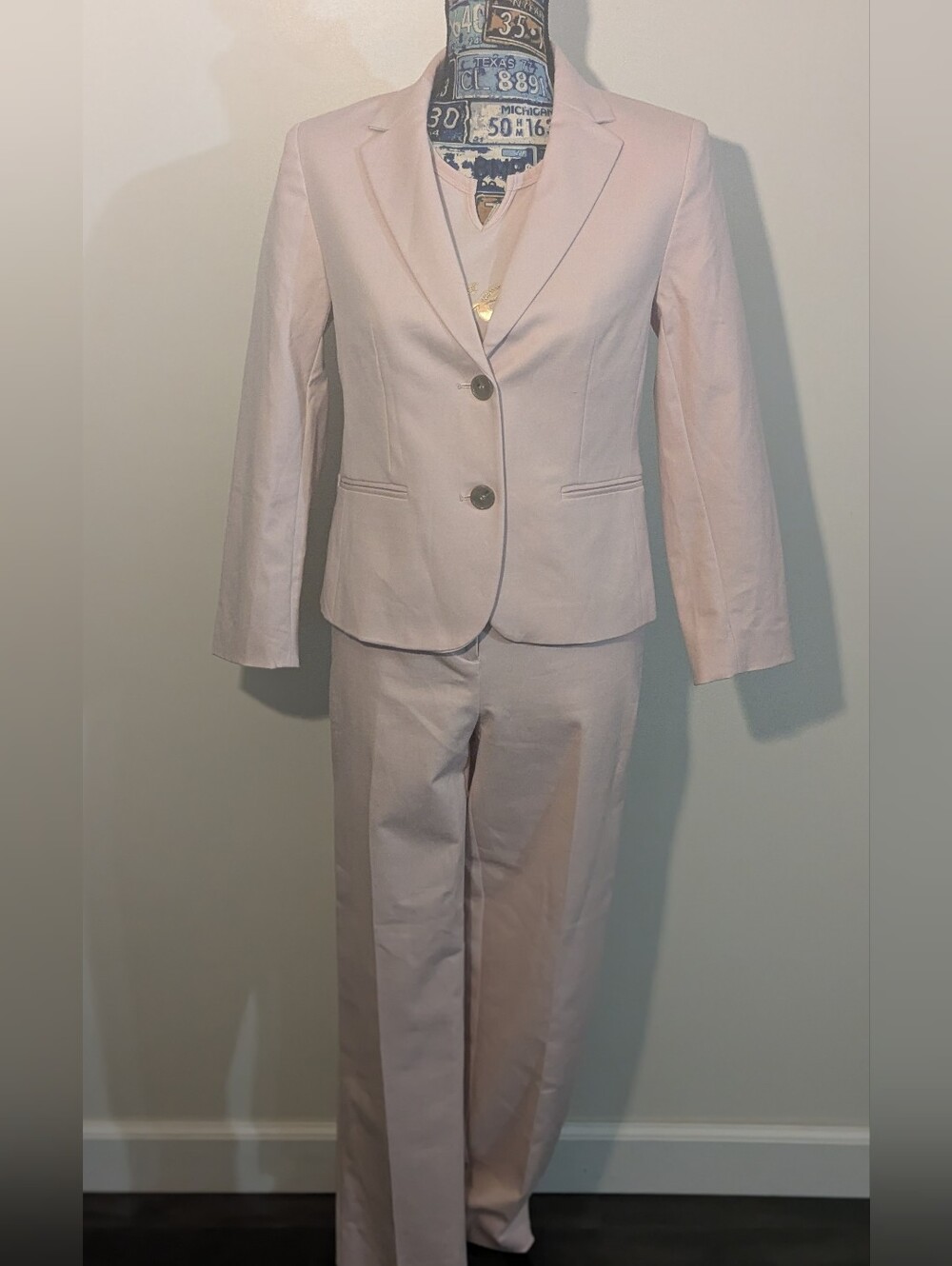 Ann Taylor 2pc Pink Dust Pant Suit Set Cropped Notch Lapel Stretch NWT